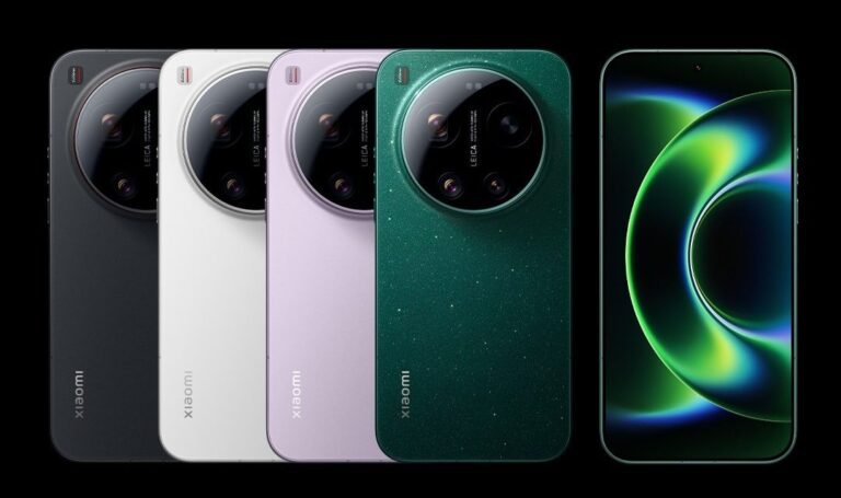 A lineup of Xiaomi 17 Ultra smartphones in black, white, lavender, and speckled emerald green, showcasing their prominent circular Leica-branded camera modules and sleek, minimalist design against a black backdrop. The phone on the right displays a vibrant, abstract green wallpaper.