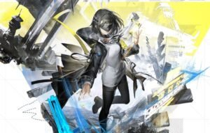 Arknights Endfield key art featuring the female Administrator character. She has short dark hair and wears a black coat with yellow accents over a light gray outfit. The background includes abstract mechanical structures, blue energy effects, and bright yellow and white design elements.