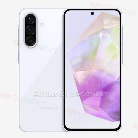 A render of the Samsung Galaxy A56 5G smartphone in light purple, showcasing both the front and back. The back features a triple-lens camera system, and the front displays a punch-hole selfie camera and a stylized abstract image. The Samsung logo is visible on the back.