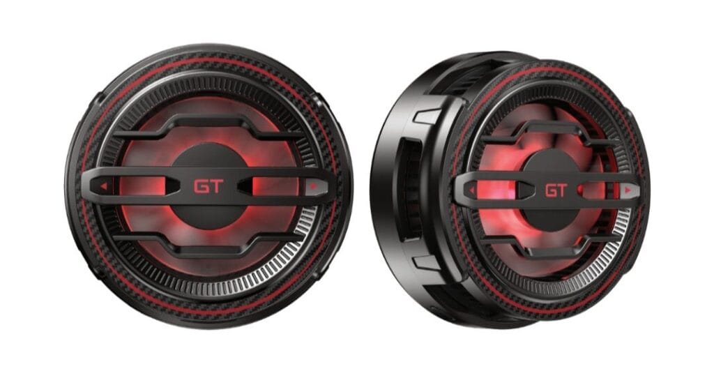 Infinix GT 30 Pro India: 6.78" Amoled display, 144Hz, Dimensity 8350, 5,500mah Battery 3 Two views of the Infinix GT 30 Pro's MagCharge Cooler, a circular magnetic attachment with a red illuminated fan.