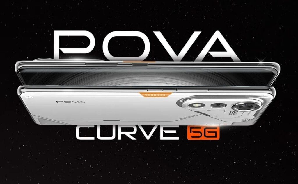 Tecno Pova Curve India: 144Hz AMOLED, Dimensity 7300 Ultimate, and 5500mAh Battery 1 A promotional image showcasing the Tecno Pova Curve 5G smartphone. The phone, in a sleek silver design, is displayed in a slightly angled, overlapping position against a black background speckled with white dots, reminiscent of a night sky. The phone's branding, 'POVA' and 'CURVE 5G,' is prominently featured.