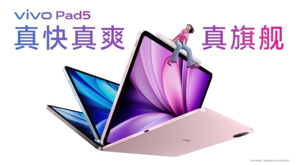 Vivo Pad 5 | 12.1" 2.8K IPS LCD Display, Dimensity 9300+ and 10,000mAh Battery 1 A promotional image of the Vivo Pad 5 tablet. Three tablets are displayed in a dynamic arrangement, highlighting the device's sleek design and vibrant color options (pink and blue). A small figure is perched on top of one tablet, suggesting its lightweight and portable nature. The text "真快真爽" (zhēn kuài zhēn shuǎng - truly fast, truly enjoyable) and "真旗舰" (zhēn qíjiàn - true flagship) are prominently featured.