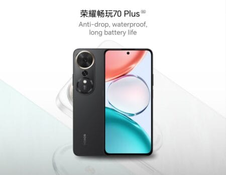 Close-up of the Honor Play 70 Plus smartphone, showcasing its dual-camera setup and sleek design. The screen displays a vibrant, colorful graphic.