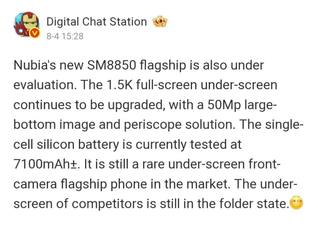 Nubia Z80 Ultra Tipped to Feature SD 8 Elite 2 and 7100mAh Battery 2 Screenshot of a Weibo post from Digital Chat Station detailing leaked specifications of the Nubia Z80 Ultra, including the SM8850 flagship chipset, 1.5K full-screen under-screen display, 50MP camera, periscope solution, and 7100mAh battery.
