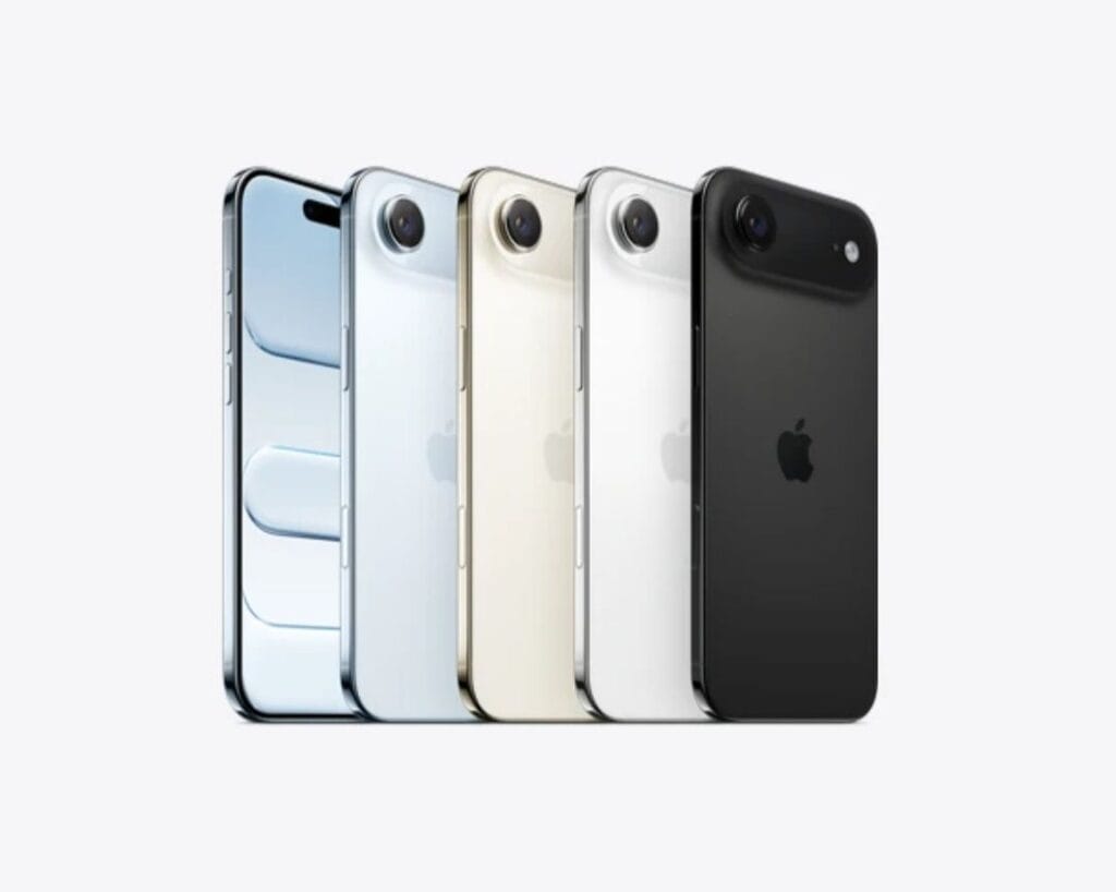 iPhone 17 Air Price in the Philippines Starting at ₱72,990 1 Five iPhone 17 Air phones arranged in a row, showcasing the available color options: Sky Blue, Silver, Light Gold, Cloud White, and Space Black. The phones have a sleek design with a single rear camera.