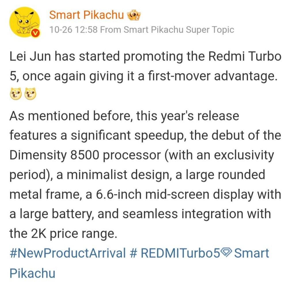 MediaTek Dimensity 8500 Leaked AnTuTu Score Exceeds 2 Million Points 2 Image of a social media post from Smart Pikachu detailing the features of the Redmi Turbo 5, including the Dimensity 8500 processor and a 6.6-inch display.
