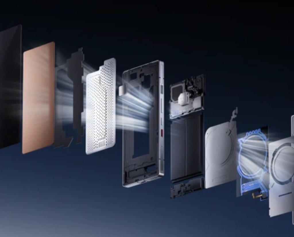 REDMAGIC 11 Pro: The First Gaming Phone with a Real Liquid Cooling System 1 Exploded view of Redmagic 11 Pro components, showcasing its internal design and cooling system technology.