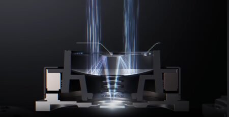Illustration of Tecno's dual-mirror reflect telephoto lens, highlighting the internal mirrors and folded light path that reduces module size. Blue lines indicate light entering the lens, reflecting off two mirrors, and focusing through the lens array.