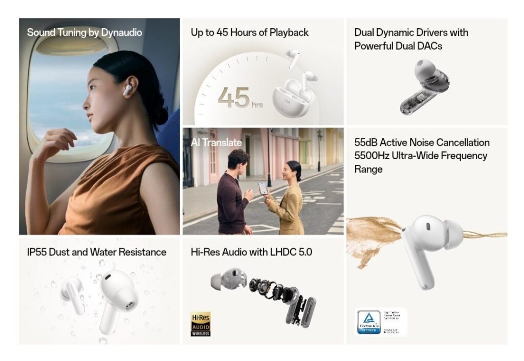 Oppo Enco X3s Features Dual Drivers, Dual DACs, and Spatial Audio for ₱6,999 2 Collage showcasing the features of OPPO Enco X3s earbuds: sound tuning by Dynaudio, up to 45 hours of playback, dual dynamic drivers with dual DACs, AI Translate function, 55dB active noise cancellation, IP55 dust and water resistance, and Hi-Res Audio with LHDC 5.0.