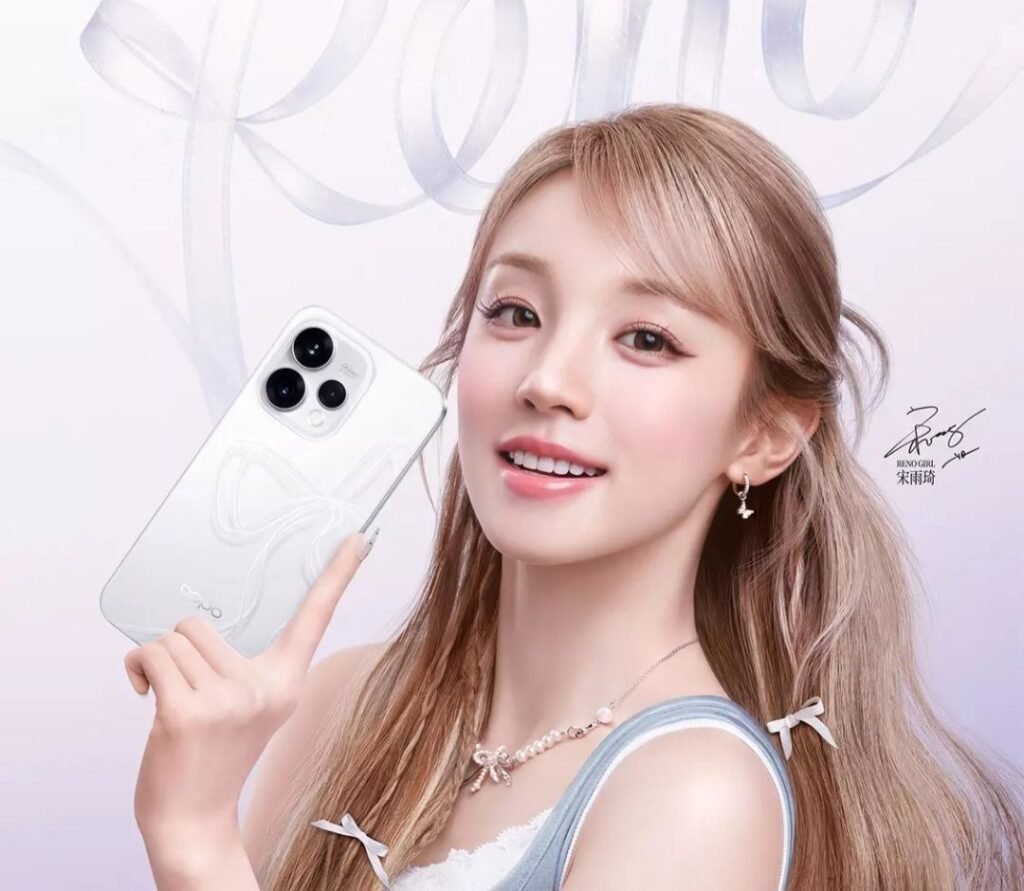 Promotional image featuring a young woman holding a white Oppo Reno 15c phone. The phone has a subtle ribbon design on the back. The woman is smiling, with ribbons in her hair and on her necklace, complementing the phone's design. The background is soft and pastel-colored, enhancing the overall aesthetic.