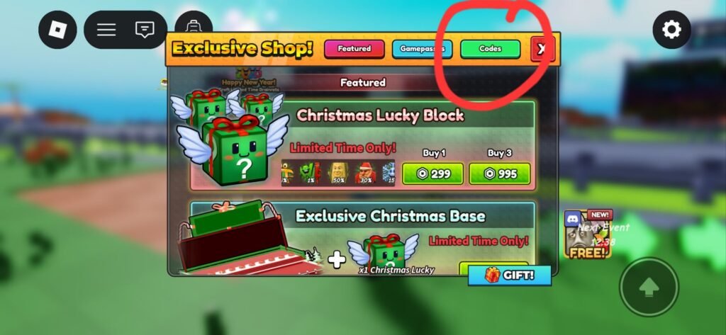 Craft a Brainrot Codes, Free Items, Rewards, and How to Redeem 1 Roblox game "Exclusive Shop!" interface screenshot (likely from a farming/crafting sim). Tabs at the top: "Featured" (active), "Gamepasses", and a red-circled green "Codes" tab (highlighted as the spot to enter "brainrot codes" – meme-y, viral in-game cheat codes). Featured section shows "Christmas Lucky Block" (limited time, 299 currency for 1, 995 for 3) and "Exclusive Christmas Base" (includes x1 Christmas Lucky Block). UI elements: "Happy New Year!" banner, "GIFT!" button, event icon, and mobile control overlay. Overlay context: "craft a brainrot codes" refers to seeking catchy, shareable codes for rewards here.