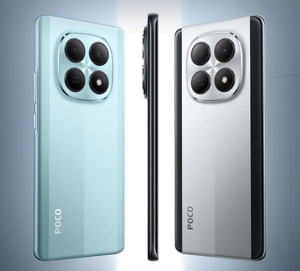 POCO M8 5G and POCO M8 Pro 5G Officially Launched in the Philippines 2 POCO M8 5G smartphones shown from the rear in two color options: light blue with a smooth, subtly textured finish, and silver with carbon fiber-inspired black side accents. Both feature a square camera module housing four lenses, with the 'POCO' logo printed vertically near the bottom edge of the back panel. A slim side profile of the device is also visible between the two units.