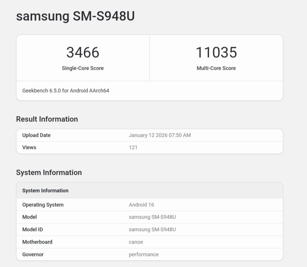 Geekbench 6.5.0 benchmark results for the Samsung Galaxy S26 Ultra (model SM-S948U, US variant). It scores 3466 in single-core and 11035 in multi-core (tested on Android AArch64). Result info shows upload date January 12, 2026, with 121 views. System info includes Android 16 OS, motherboard code-named 'canoe', and governor set to 'performance'.