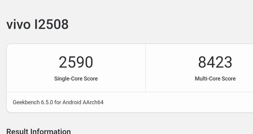 iQOO 15R Global Variant Appears on Geekbench: Snapdragon 8 Gen 5 Chipset 1 Geekbench 6.5.0 benchmark result for vivo I2508 (iQOO 15R). Displays a single-core score of 2590 and multi-core score of 8423, tested on Android AArch64.