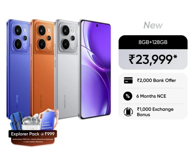 realme P4 Power: New launch with 8GB+128GB variant priced ₹23,999. Available in blue, orange, silver; purple-edge display. Offers: ₹2k bank discount, 6-month No Cost EMI, ₹1k exchange bonus. Explorer Pack (₹999): realme Buds T200 Lite, Adventurer Backpack, 4-year battery warranty.