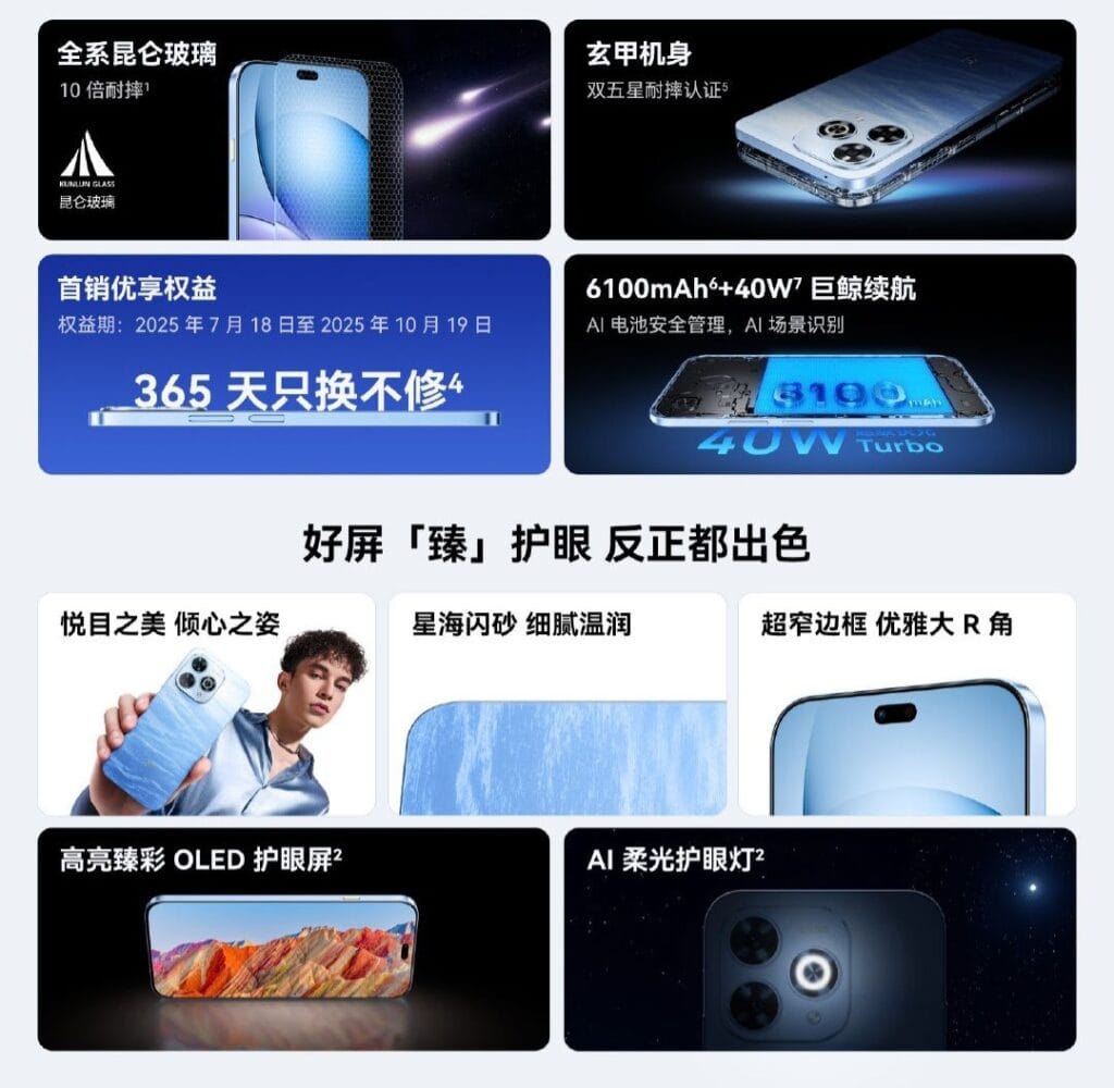 Wiko Enjoy 80 Pro Launched in China with Qualcomm Snapdragon 4 Gen 2 2 A collage of promotional images for the Wiko Enjoy 80 Pro smartphone. The images showcase the phone's design, display, battery, camera, and screen protector. Text is in Chinese.