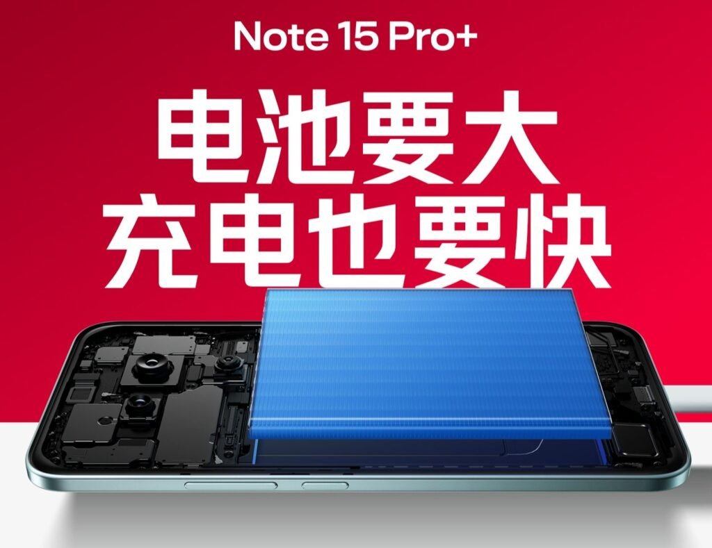 Image highlighting the Redmi Note 15 Pro+'s battery features, emphasizing its large capacity and rapid charging technology, with Chinese text in the background.