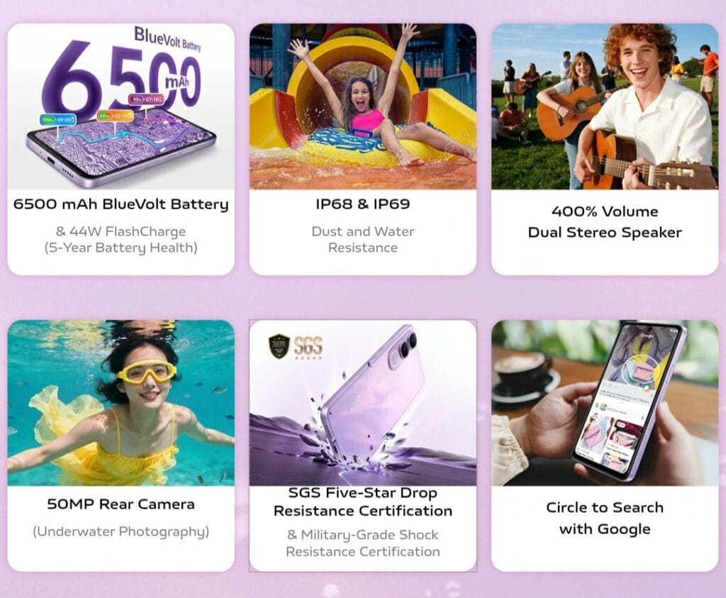 Vivo Y21d Price in the Philippines Starts at ₱6,999 2 Collage of Vivo Y21d features: 6500mAh battery, IP68/IP69 dust and water resistance, 400% volume dual stereo speaker, 50MP rear camera for underwater photography, SGS Five-Star drop resistance, and Circle to Search with Google.