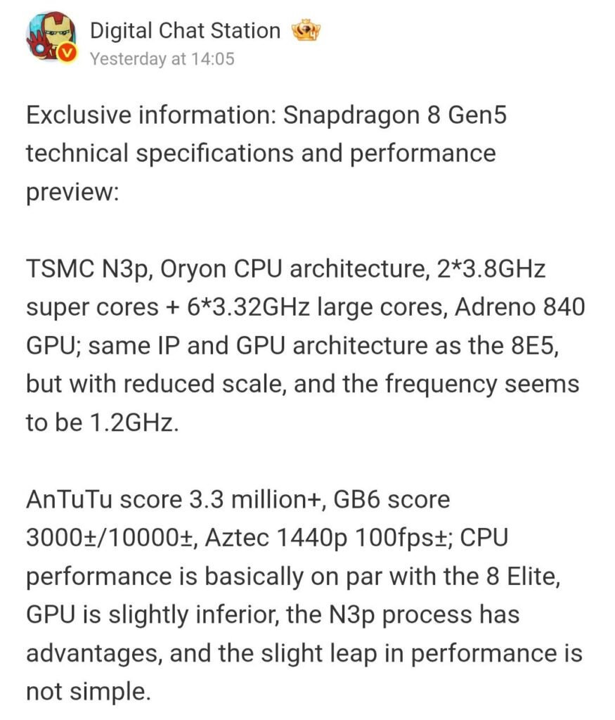 Qualcomm Snapdragon 8 Gen 5 Leaked Specs with Oryon CPU and Adreno 840 GPU 1 A screenshot of a social media post from Digital Chat Station, detailing the technical specifications and performance preview of the Snapdragon 8 Gen 5.