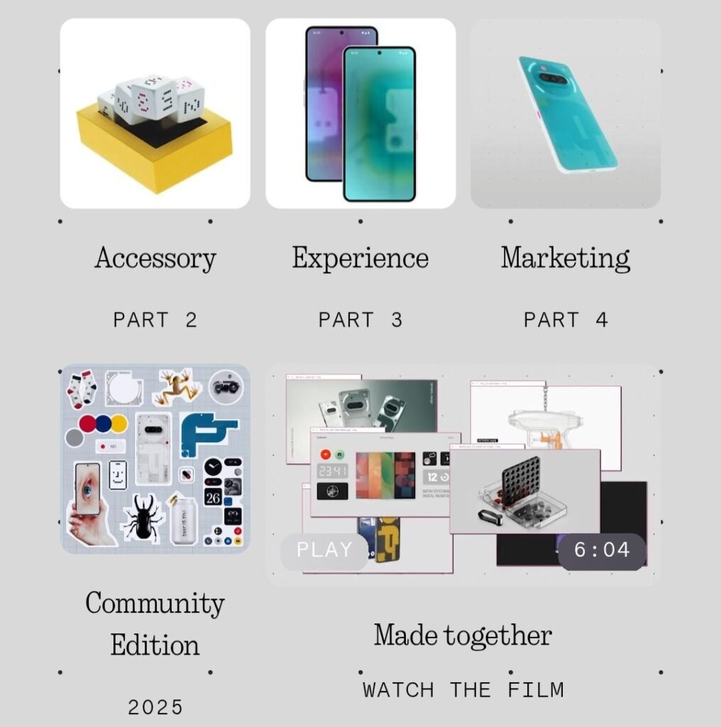 Promotional image for Nothing Phone (3) Community Edition, highlighting accessories, user experience, marketing, and community-driven design elements. The image includes various design elements and the text 'Made Together, Watch the Film, 2025.
