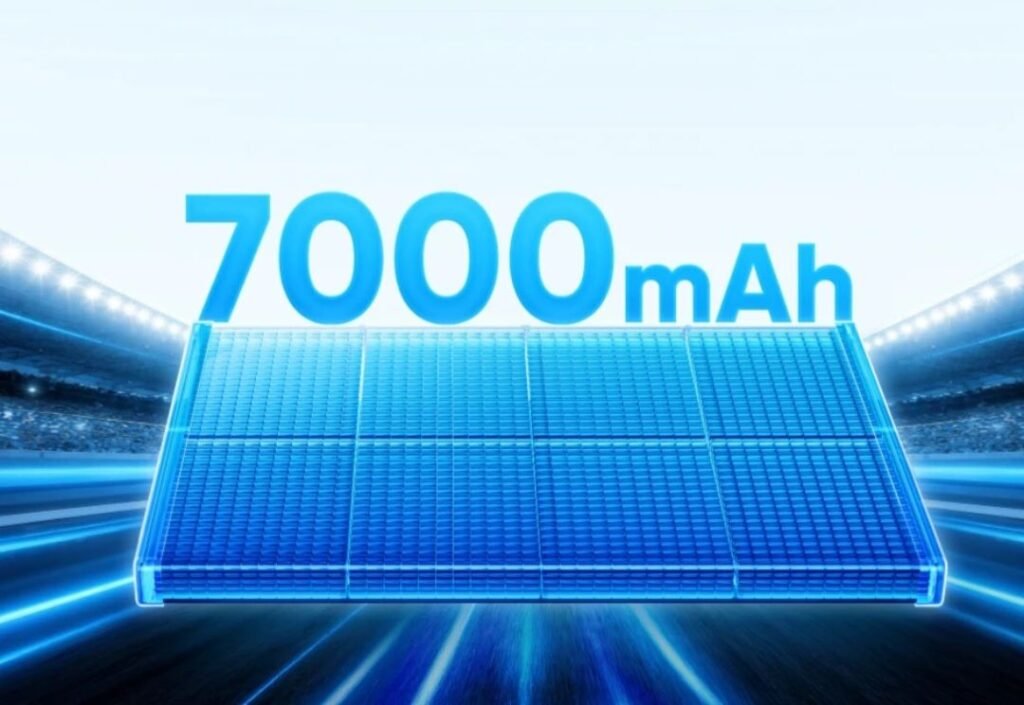 Realme Narzo 90x 5G graphic: Glowing blue 7000mAh battery with bold text above, dynamic light-trailed background.