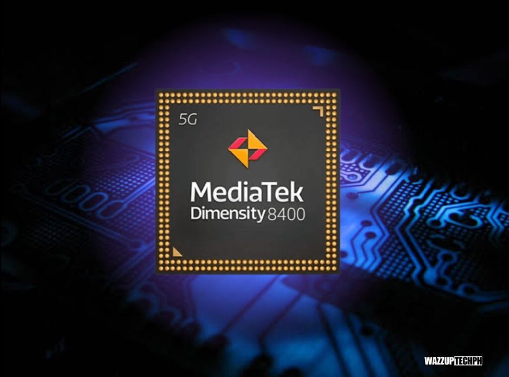 a chipset of a smartphone mediatek dimensity 8400 MT6899 with futuristic technology with purple and blue background.