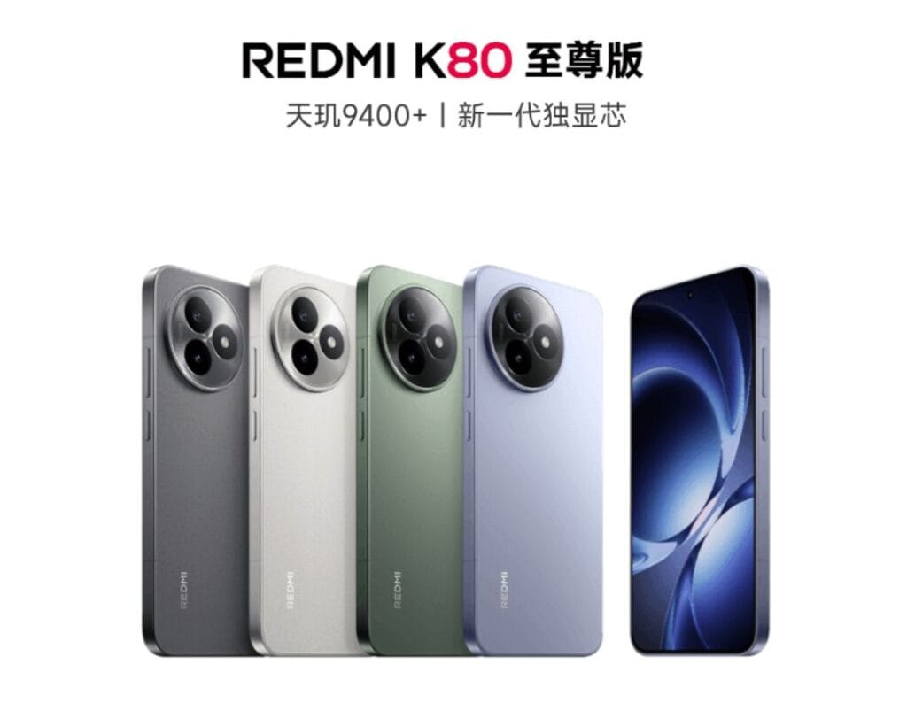 Redmi K80 Ultra | 6.83" OLED Display, IP68 Rating, and Dimensity 9400+ 1 A promotional image showcasing the Redmi K80 Ultra smartphone in four color variants: gray, white, sage green, and lavender. The phone features a prominent circular camera module.
