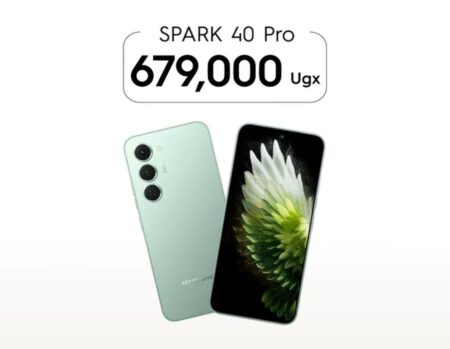 A light green Tecno Spark 40 Pro smartphone is displayed, showcasing both the front and back. The back features a triple-lens camera.