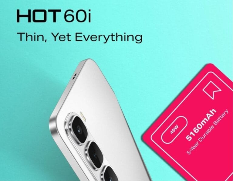 A close-up of the silver Infinix Hot 60i smartphone, highlighting its triple-lens camera and thin profile. A pink card in the foreground emphasizes its 5160mAh, 5-year durable battery with 45W fast charging.