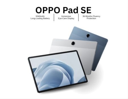Three OPPO Pad SE tablets in different colors are stacked slightly askew. The main focus is on a light gray tablet with its screen showing an abstract design. Text highlights the tablet's 9340mAh long-lasting battery, immersive eye-care display, and 36-month fluency protection.