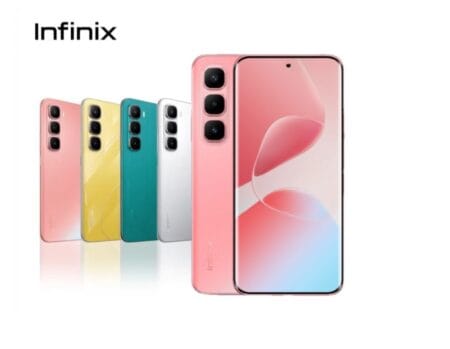 A promotional image showcasing the Infinix Hot 60 Pro+ smartphone in pink, yellow, teal, and white. The phone is displayed from both the front and back.