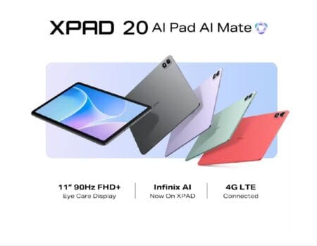 The Infinix XPAD 20 tablet is shown in multiple colors, highlighting its 11-inch 90Hz FHD+ Eye Care display. Key features like Infinix AI and 4G LTE connectivity are also emphasized.