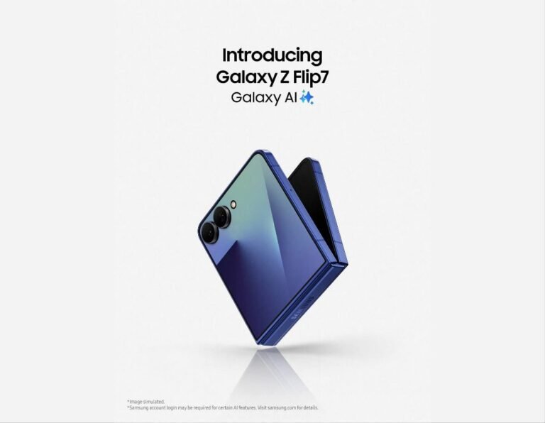 A promotional image of the Samsung Galaxy Z Flip7 in a dark blue color. The phone is shown partially open, highlighting its foldable design and dual rear cameras. The background is plain white.