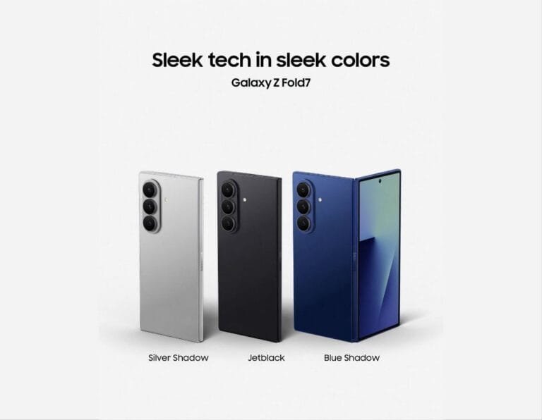 Three Samsung Galaxy Z Fold7 smartphones displayed, showcasing the Silver Shadow, Jet Black, and Blue Shadow color options. The phones are shown closed and partially open.