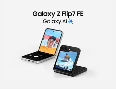 Two views of the Samsung Galaxy Z Flip7 FE: one open, displaying a selfie on the main screen, and one closed, showing a skateboarding photo on the cover screen. The phone's sleek design is highlighted.