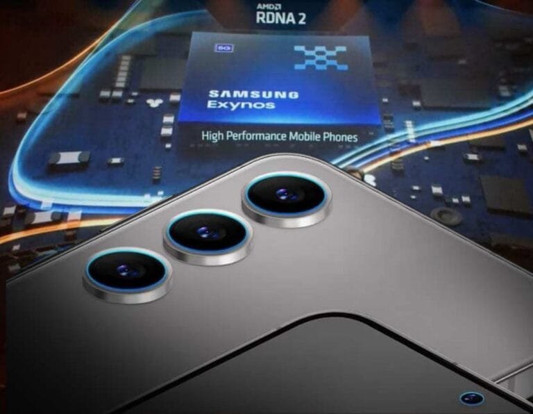 Close-up of a smartphone with three rear cameras, overlaid with an image of the Samsung Exynos 2600 chip and "High Performance Mobile Phones" text.