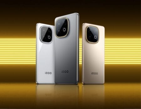 Three iQOO Z10 Turbo+ phones showcasing their rear camera design and color options.