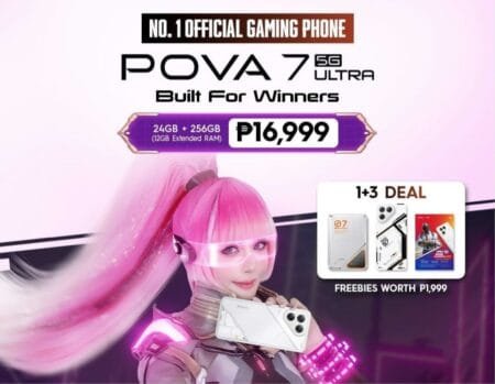 Tecno Pova 7 Ultra Officially Launched in the Philippines Advertisement for Tecno Pova 7 Ultra featuring a futuristic design, price of PHP 16,999, and freebies.