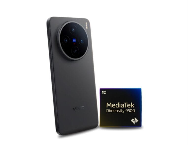 Image of the Vivo X300 phone showcasing its camera module and accompanied by the MediaTek Dimensity 9500 chipset.