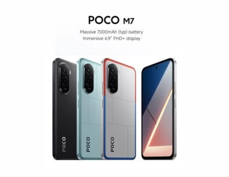Three POCO M7 4G phones (black, blue, white) next to a front view showing the display.