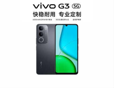 Promotional image for the Vivo G3 5G, showcasing its dual-camera setup and large display. Text highlights 'Fast, Stable, Durable, and Professionally Customized,' along with features like a 6000mAh battery, SGS five-star drop resistance, and eye protection screen.