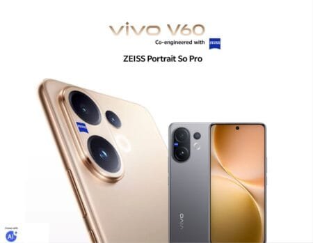 Vivo V60 | Quad Curved AMOLED Display, SD 7 Gen 4, and 50MP ZEISS Camera Promotional image of the Vivo V60, showcasing its design and ZEISS Portrait So Pro capabilities.