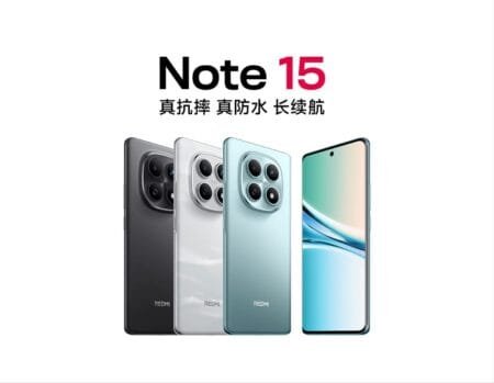 Redmi Note 15 5G | Curved OLED Display, Snapdragon 6 Gen 3, and 5,800mAh Battery Image of the Redmi Note 15 5G in three colors (black, white, blue) showcasing the phone's design.