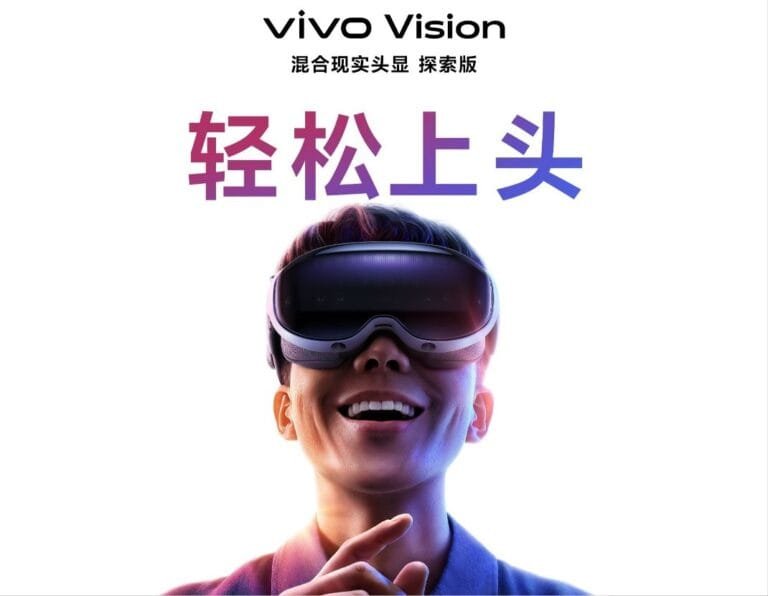Promotional image of a person smiling and wearing Vivo Vision mixed reality glasses, with the Vivo logo and Chinese text above.