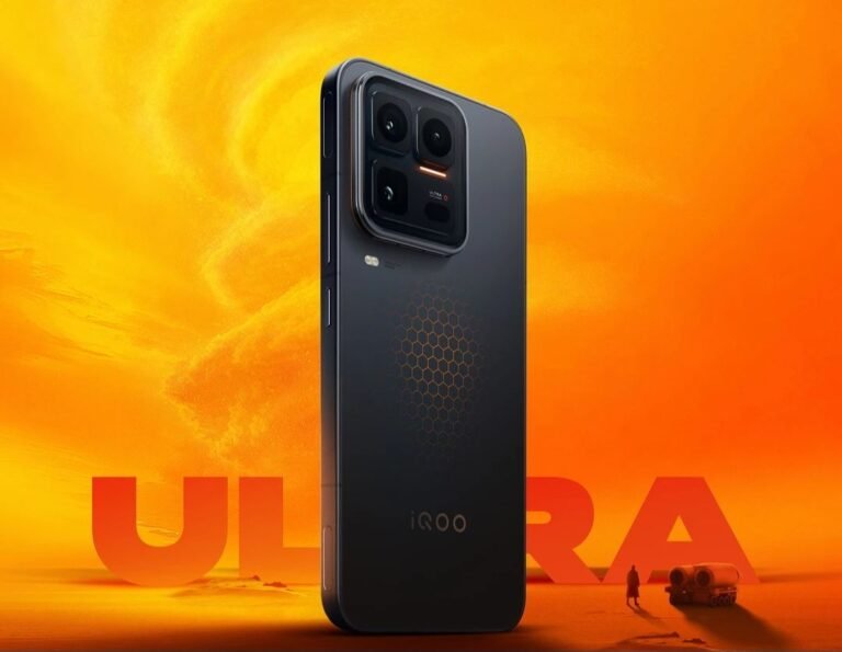 Promotional image of the iQOO 15 Ultra smartphone. The device is shown from the rear, featuring a dark finish with a subtle hexagonal pattern and a large rectangular camera module with multiple lenses. It stands against a vibrant swirling orange-yellow background, with large red 'ULTRA' lettering partially visible behind it. Small figures and a vehicle are seen in the distant lower right, emphasizing the phone's scale.