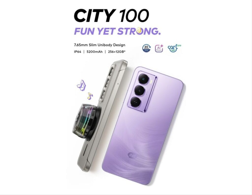 A purple itel City 100 smartphone is shown from the back, highlighting its slim unibody design and triple-lens camera system. A smaller image of the phone's side is also visible.