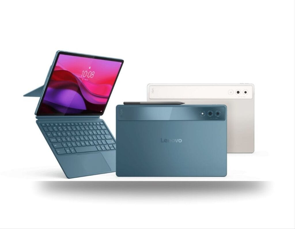 A teal Lenovo Yoga Tab Plus tablet is shown in the foreground, angled to display its screen and attached keyboard. A beige Yoga Tab Plus is visible in the background, showing its rear camera and design. A stylus rests on top of the teal tablet.