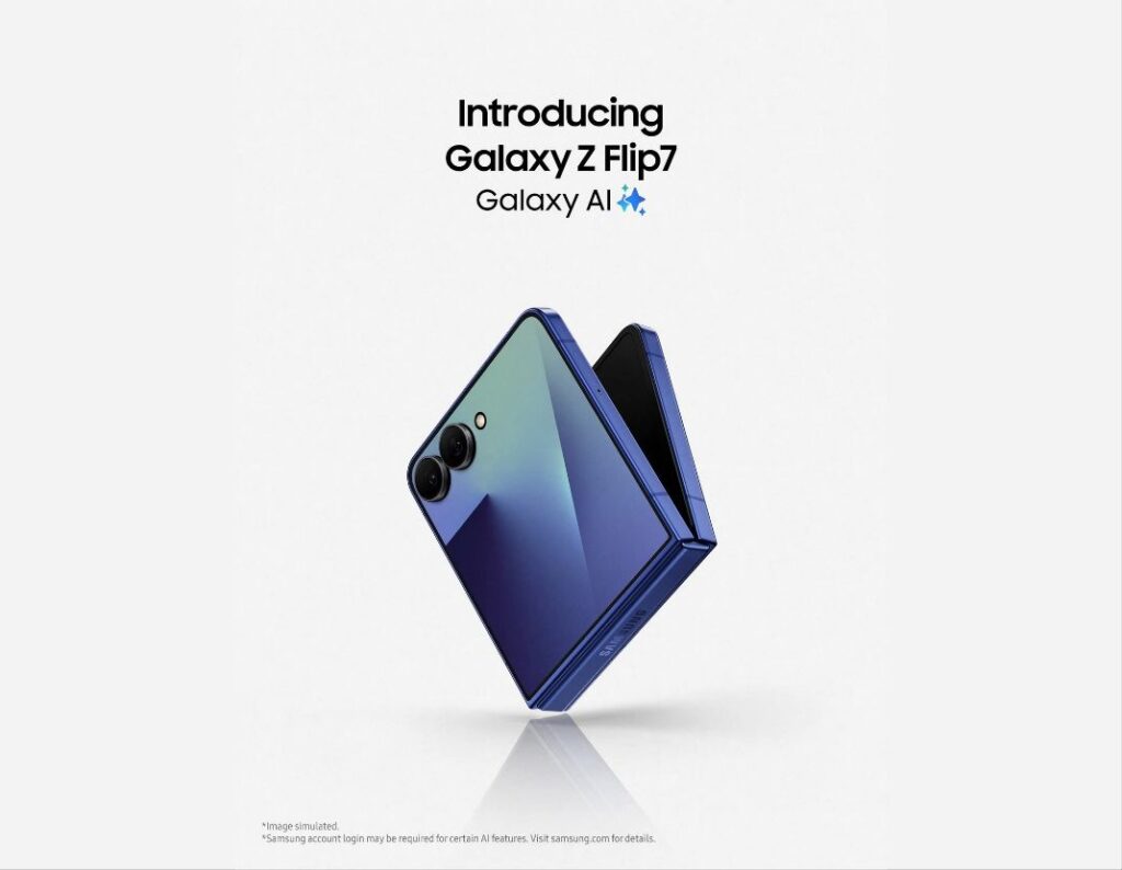 Samsung Galaxy Z Flip7 | Exynos 2500 SOC and 4,300mAh Battery 1 A promotional image of the Samsung Galaxy Z Flip7 in a dark blue color. The phone is shown partially open, highlighting its foldable design and dual rear cameras. The background is plain white.
