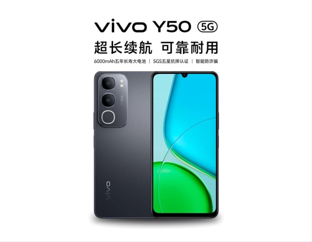 Vivo Y50 5G Launched in China with Massive 6,000mAh Battery 1 Product shot of the Vivo Y50 5G phone in dark gray. The phone is shown from the front and back, highlighting its triple-lens camera and large screen. Chinese text emphasizes its long battery life and durability.