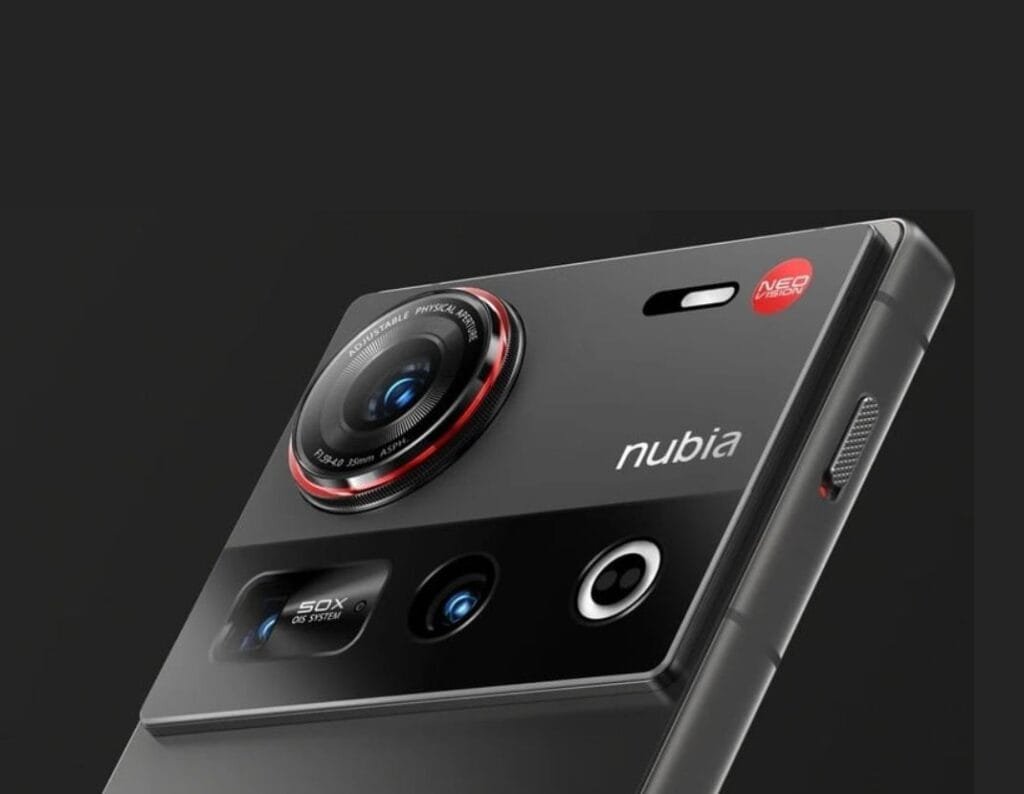 Nubia Z80 Ultra Tipped to Feature SD 8 Elite 2 and 7100mAh Battery 1 Close-up of the Nubia Z80 Ultra's camera module, featuring a prominent circular lens with red accents, "nubia" logo, and a periscope lens, set against a dark gray and black design.